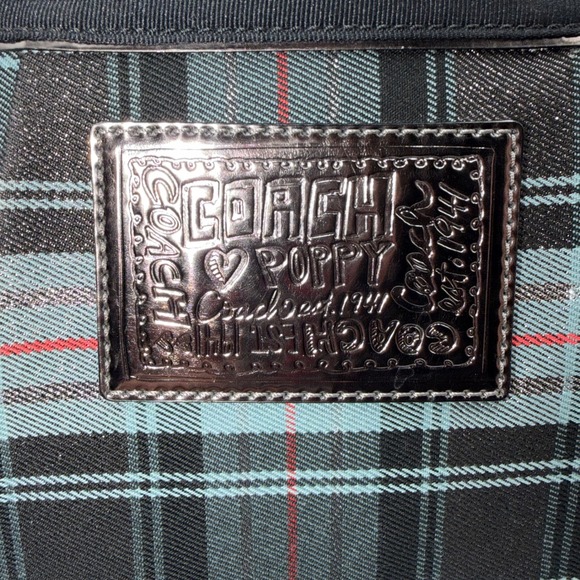 Coach Poppy Tartan Plaid Tote Bag Grey Black Patent Leather Shoulder Bag - Picture 8 of 16